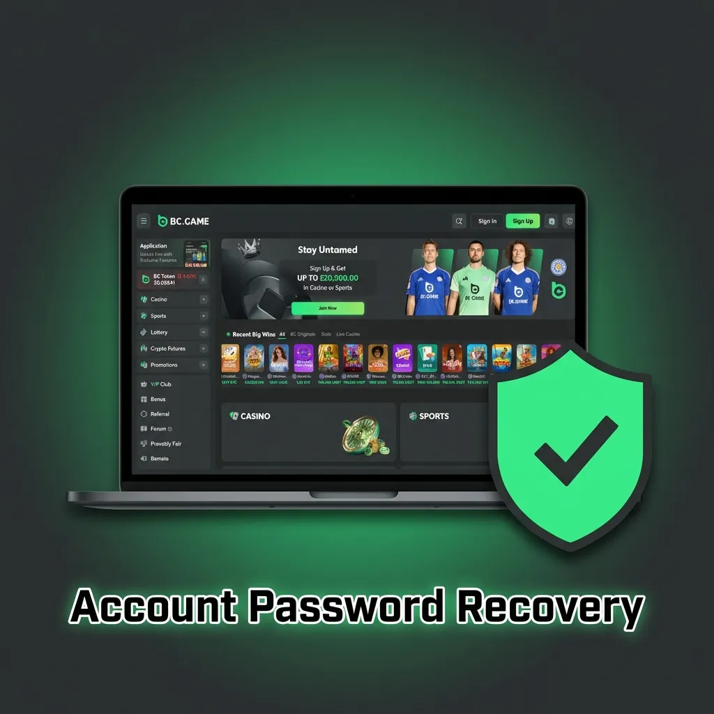 Illustration of BC Game password recovery steps with email or SMS verification and new password setup