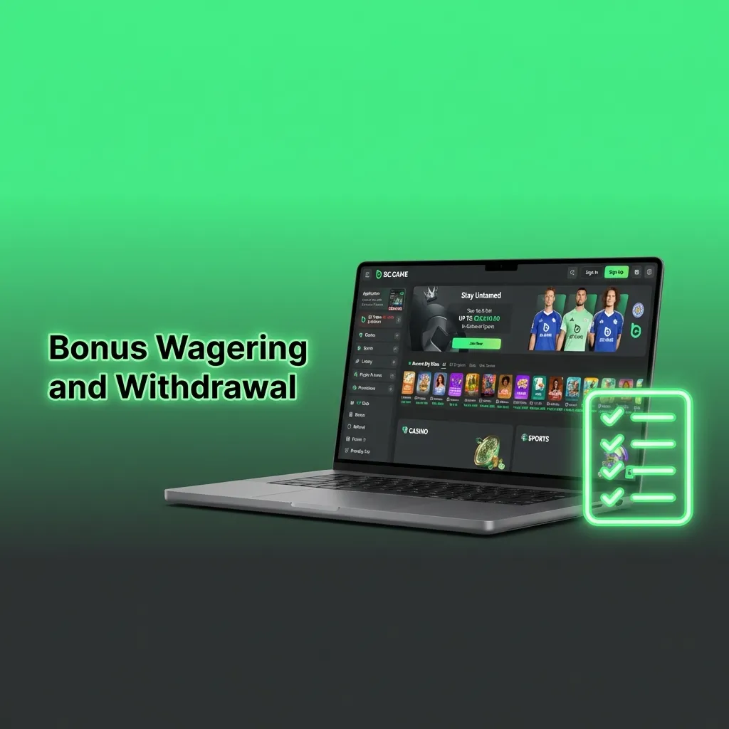 Diagram showing separate bonus and cash accounts, with wagering steps required before bonus funds can be withdrawn