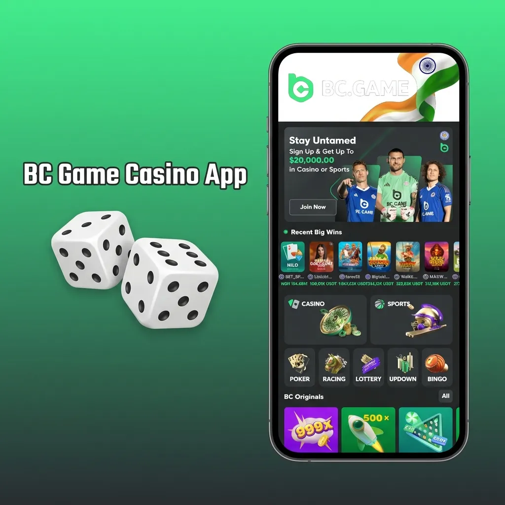 BC Game casino app home screen showing slots, live dealer tables, and sports betting categories on a mobile phone