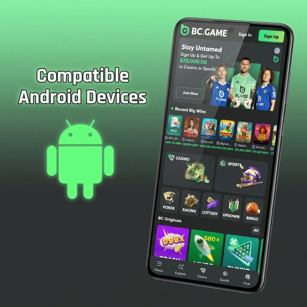 Graphic listing popular Android phones in India compatible with the BC Game app, including Samsung, Xiaomi, Realme, and OnePlus