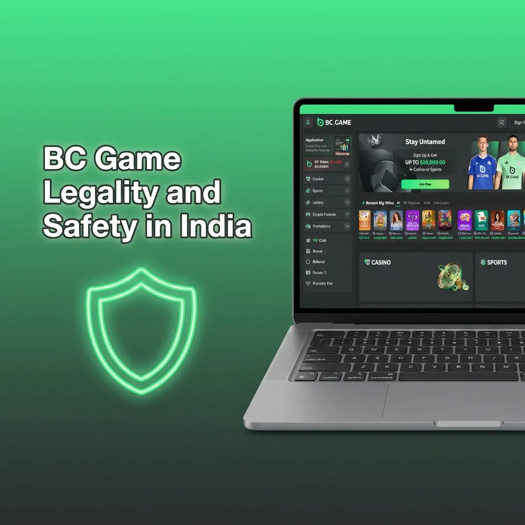Graphic on BC Game legality and safety in India, highlighting licensing, encryption, and responsible online gaming tools