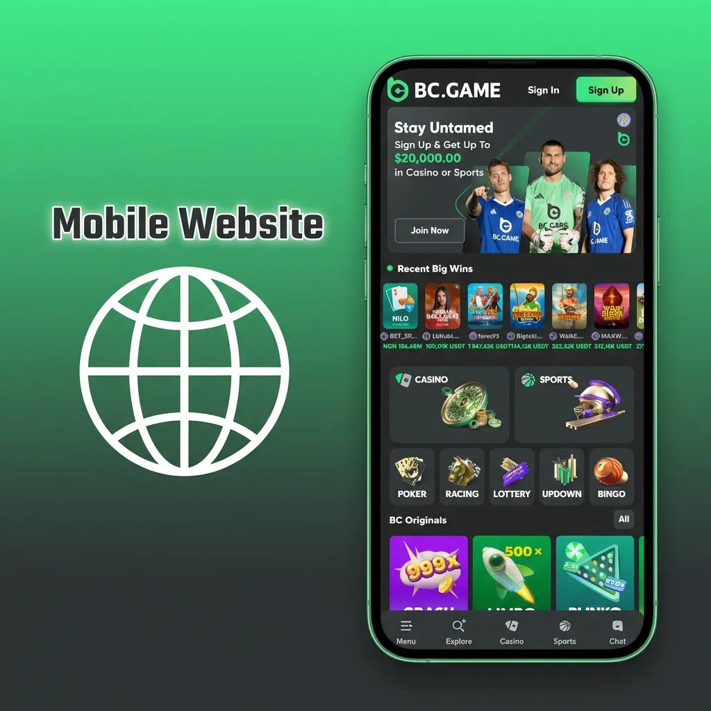 Smartphone showing BC Game mobile site with vertical layout, betslip, casino games and sports odds for Indian users