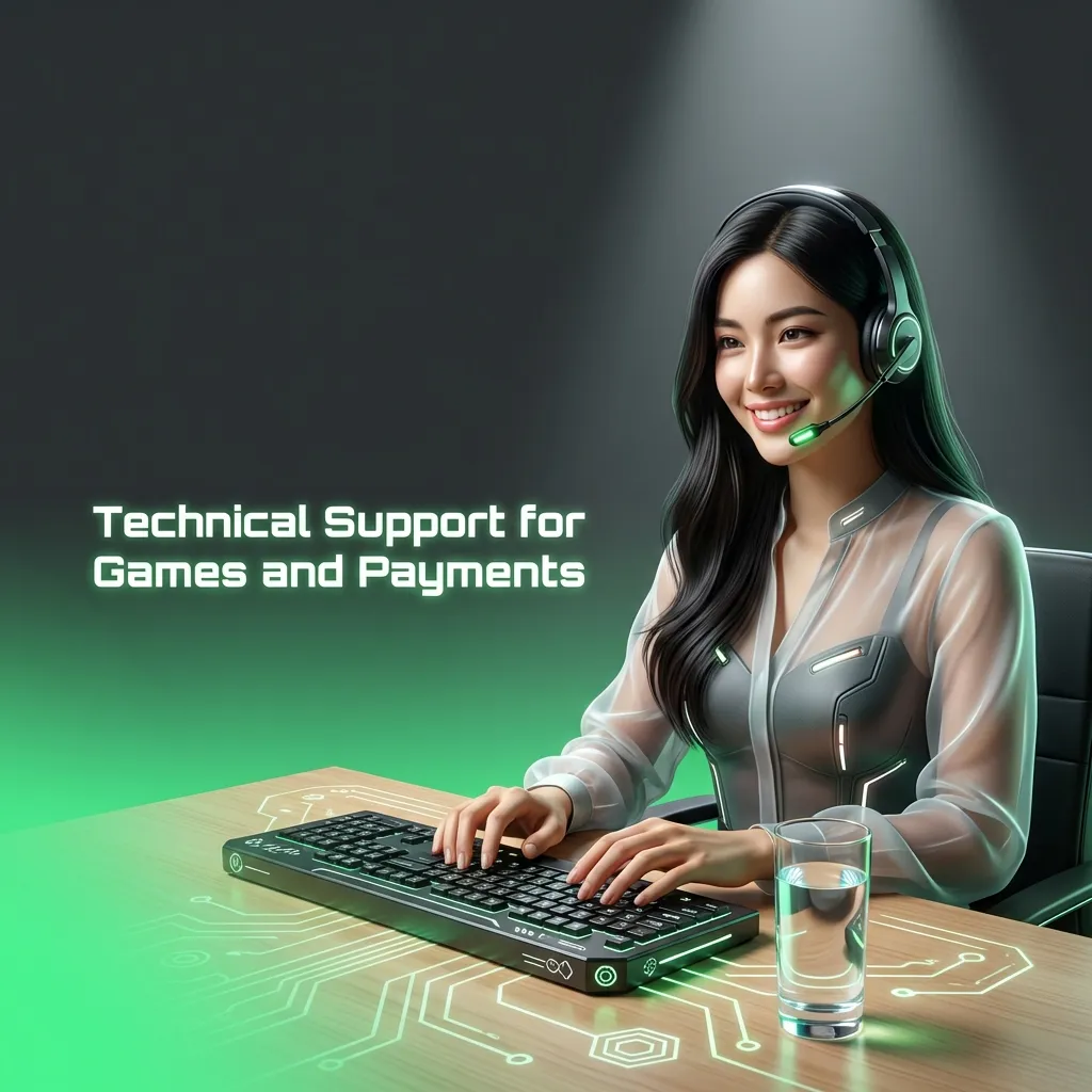 Illustration of online technical support for game bugs and payment errors, with chat, email, and troubleshooting icons on screens