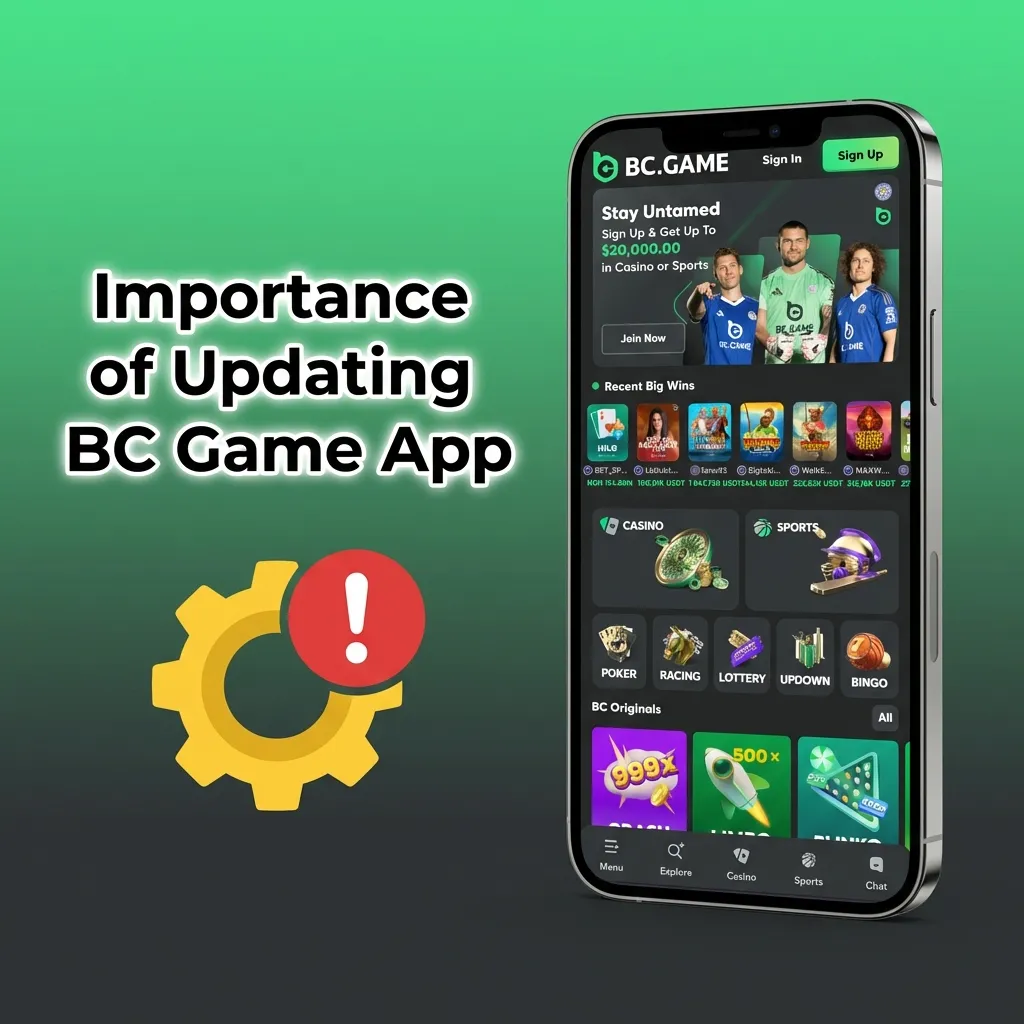 Illustration of a user updating the BC Game betting app on a smartphone to improve security, stability, and features