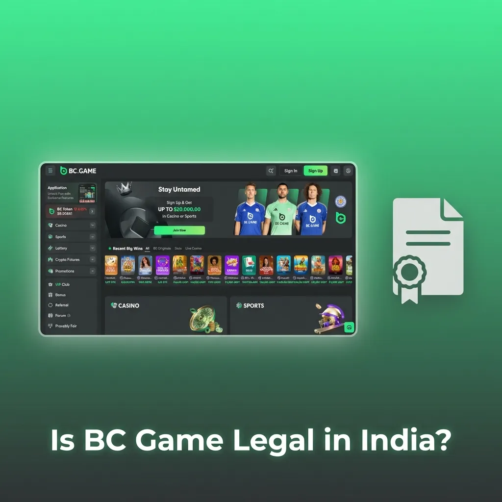 Illustration asking “Is BC Game legal in India?” with text on Curacao eGaming licence and regulated online betting.