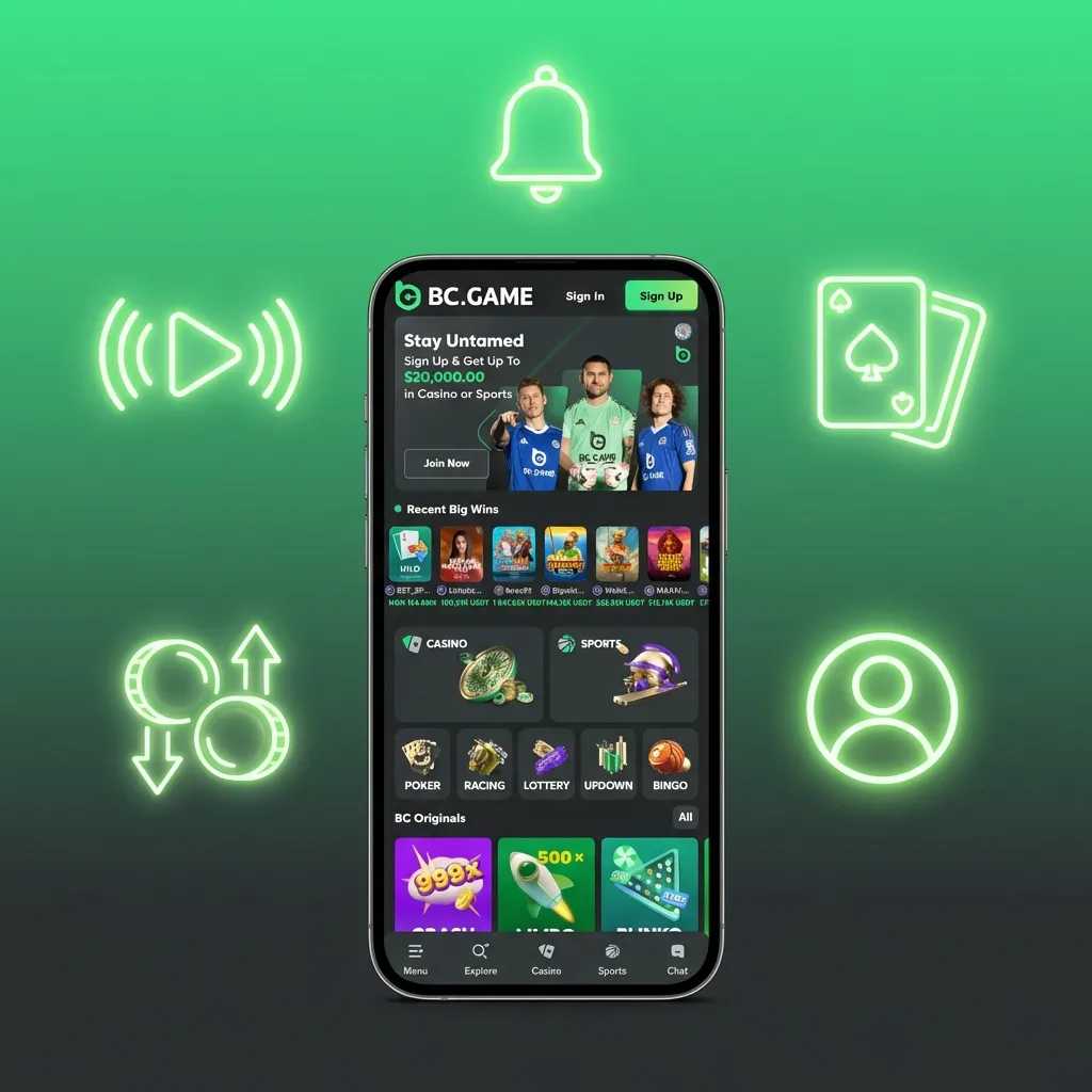 Illustration of BC Game iOS app showing sports betting, casino games, bonuses, and INR payment options on an iPhone screen