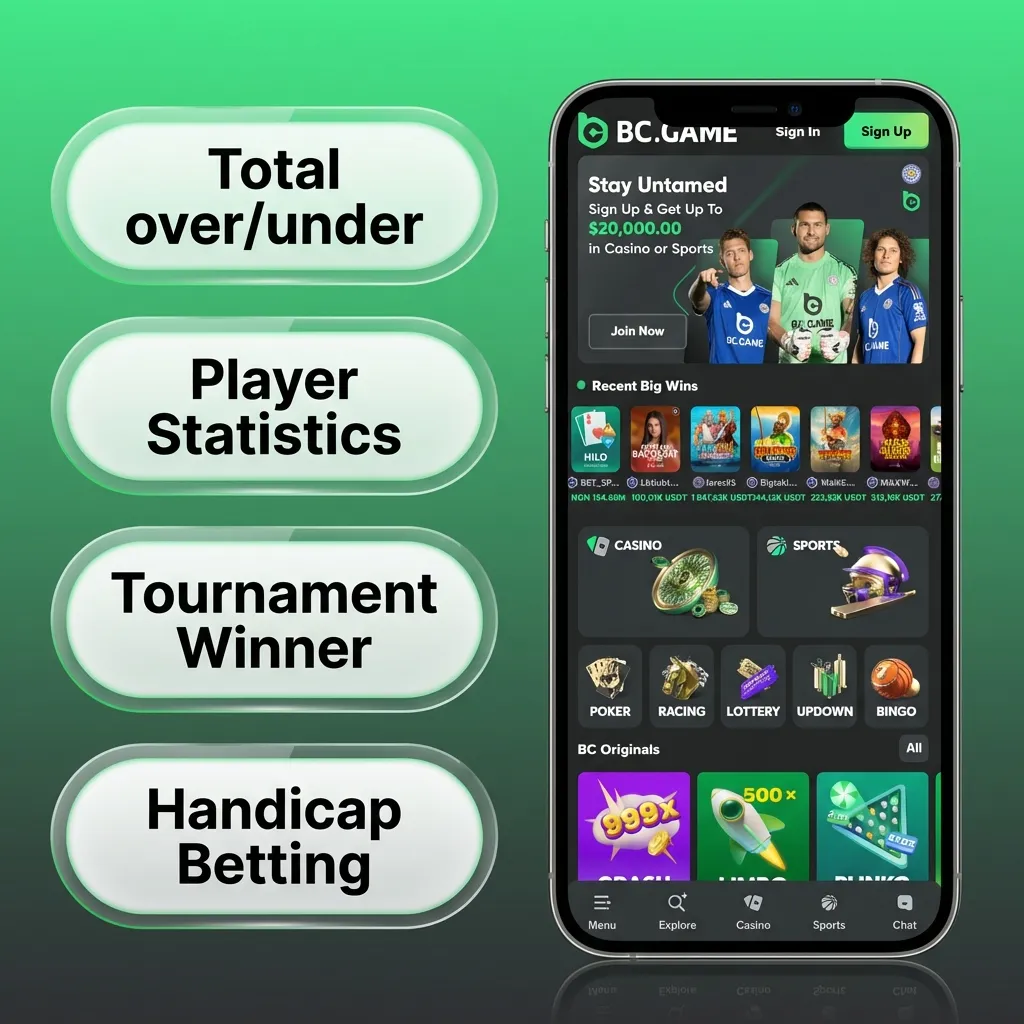 Infographic titled “Types of Bets at BC Game” listing single, accumulator, system, live, handicap, and over/under bets.