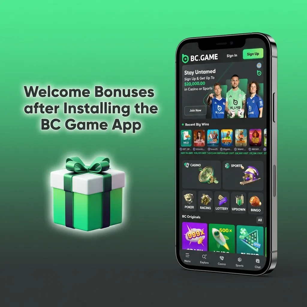 BC Game app welcome screen highlighting India users’ first deposit bonus up to 180%–300% within 7 minutes